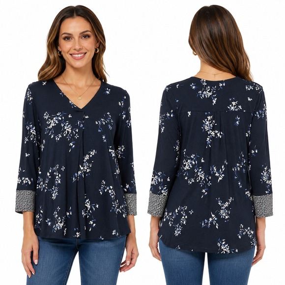 J. Jill Tops - J. Jill Wearever Navy Floral 3/4 Sleeve Tunic Top V-Neck Pleated Front Small
